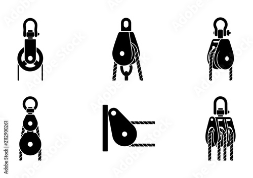 Принти на полотні Pulley System Icons, Mechanical Engineering Vector Set, Lifting Equipment Graphi