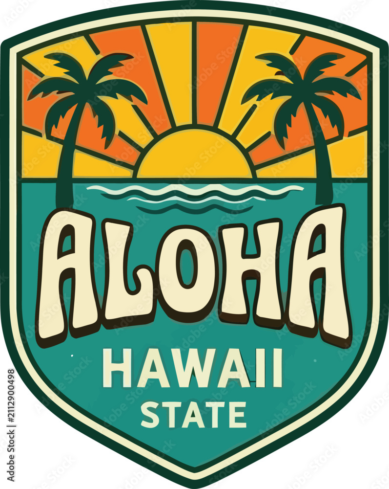 Fototapeta premium Aloha Hawaii State vibrant shield logo with palm trees and sunset
