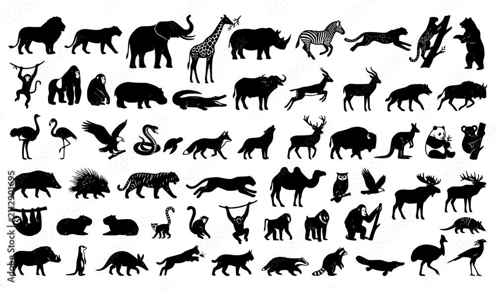 Fototapeta premium African Safari Wildlife Black Silhouette Vector Pack for Zoo and Nature Design