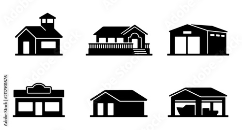 Obraz na plátně Set of 6 Black Building Icons: Houses, Shops, Garages, Schoolhouse, Vector Graph