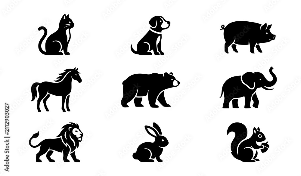 Fototapeta premium Elegant Black and White Animal Icon Set Minimal Vector Collection