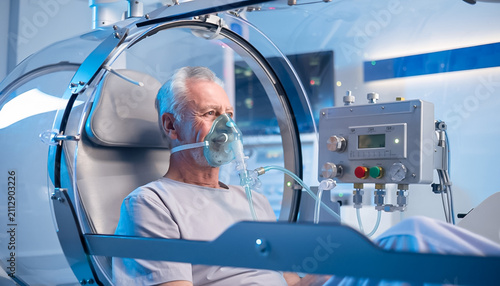 Elderly man receiving medical treatment in a modern hospital room.