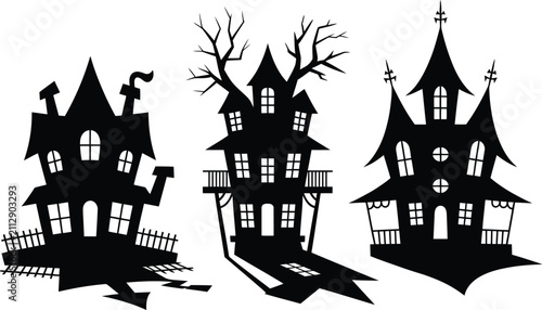 Black and white of three haunted victorian houses with dead trees