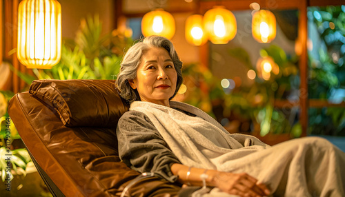 Elderly woman relaxing in a cozy outdoor lounge setting.