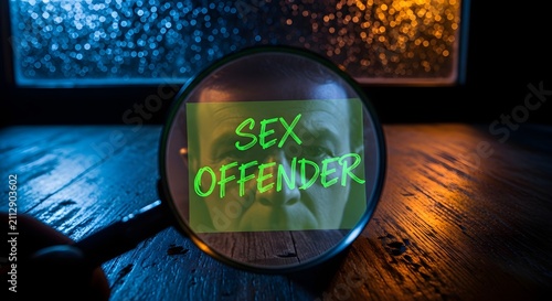 Magnifying glass highlighting sex offender text for criminal investigation