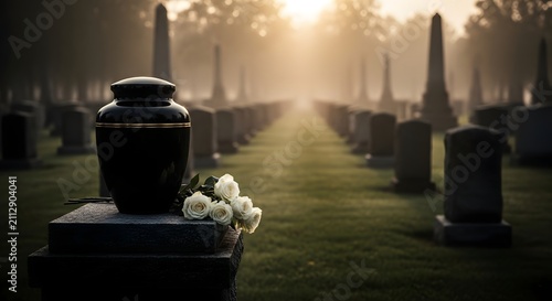 Funeral urn placed in peaceful cemetery at sunrise
