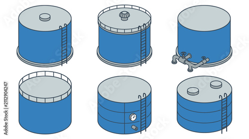 Tableau sur toile Blue Cylindrical Tanks With Ladders And Fittings Vector Illustration