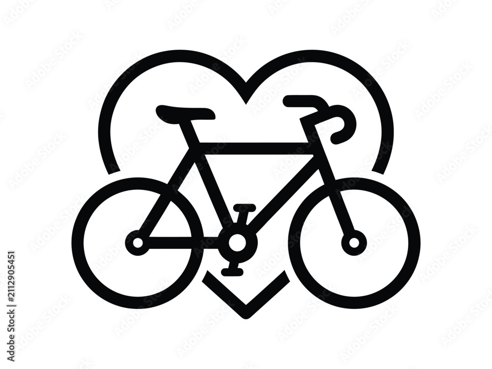 Obraz premium A minimalist black line art icon featuring a bicycle inside a heart shape representing active lifestyle and cardiovascular health awareness for world heart day celebration