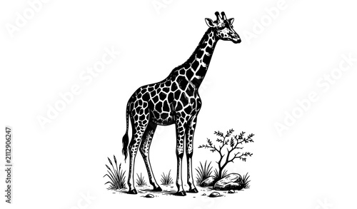 Photography Elegant Giraffe Standing Dark Monochrome Wildlife Engraving Vector Illustration