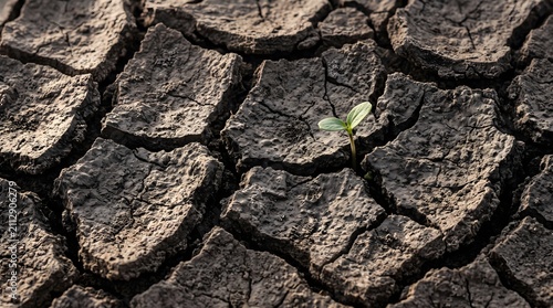 Tiny green seedling sprouting from deeply cracked dry earth in warm light