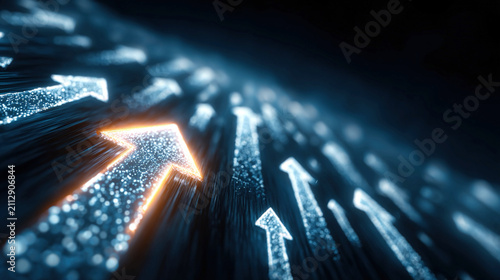 Dynamic blue background with glowing upward arrows symbolizing business growth progress success innovation motivation leadership career development strategic achievement and forward movement