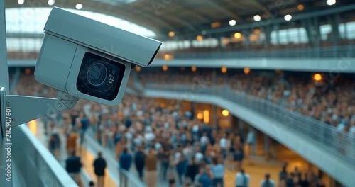 Security Surveillance Camera Monitoring Crowded Public Indoor Venue for Safety and Protection.