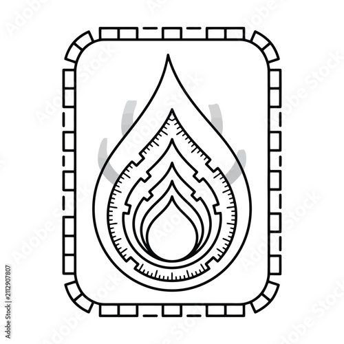 Minimalist fire flame icon inside a rectangular frame with broken line border isolated on transparent background