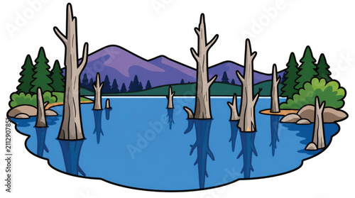 Stylized illustration of dead tree trunks in blue water with green foliage and rocks