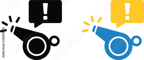 Whistleblower vector icon set, whistle blowing with exclamation mark speech bubble for compliance reporting concept