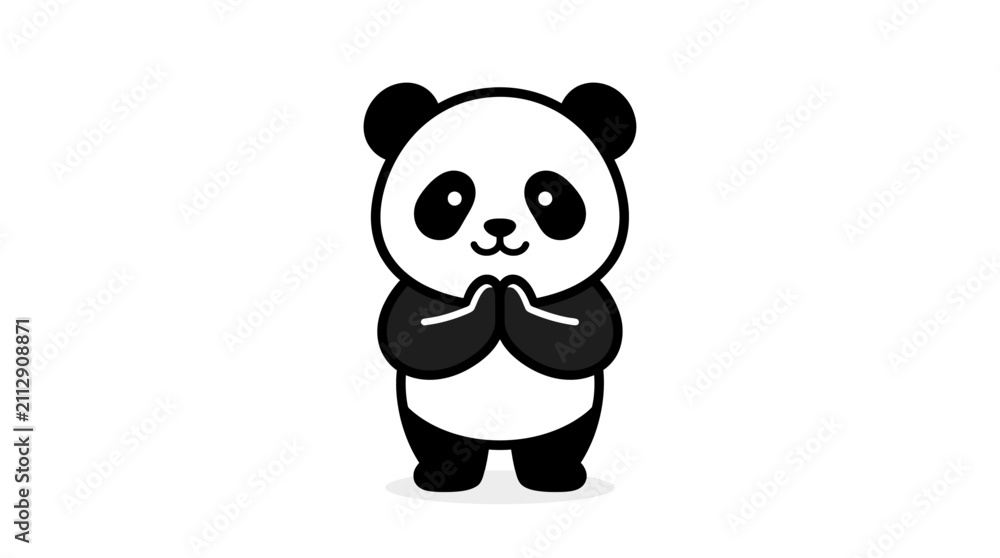 Fototapeta premium A cute cartoon panda with its paws together in a respectful gesture on a white background.