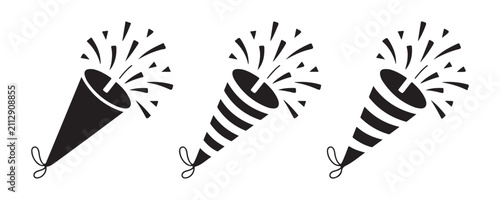 Bild auf Leinwand Set of three identical party popper icons for festive events isolated on a dark transparent background