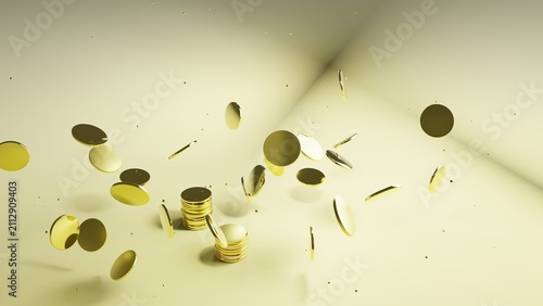 Fotografie Golden currency pieces tumbling through a bright studio space