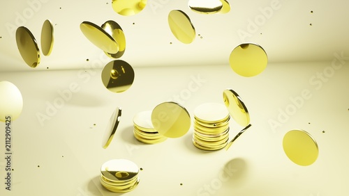 Fotografie Golden currency pieces tumbling through a bright studio space