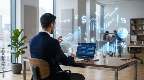 Businessman Analyzing Financial Market Data With Holographic Charts And Graphs, Stock Exchange Trading, Investment Strategy And Economic Growth Concept In Modern Office Environment