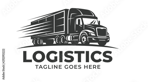 Fast moving semi truck trailer logo vector illustration featuring bold black silhouette design for transportation logistics and freight shipping business