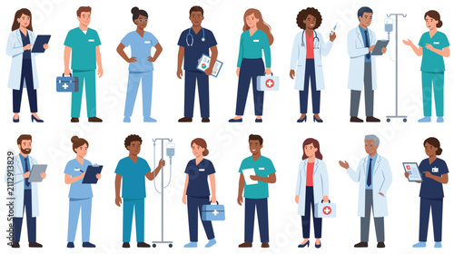 Set of medical workers and doctors in scrubs and coats with equipment kits.