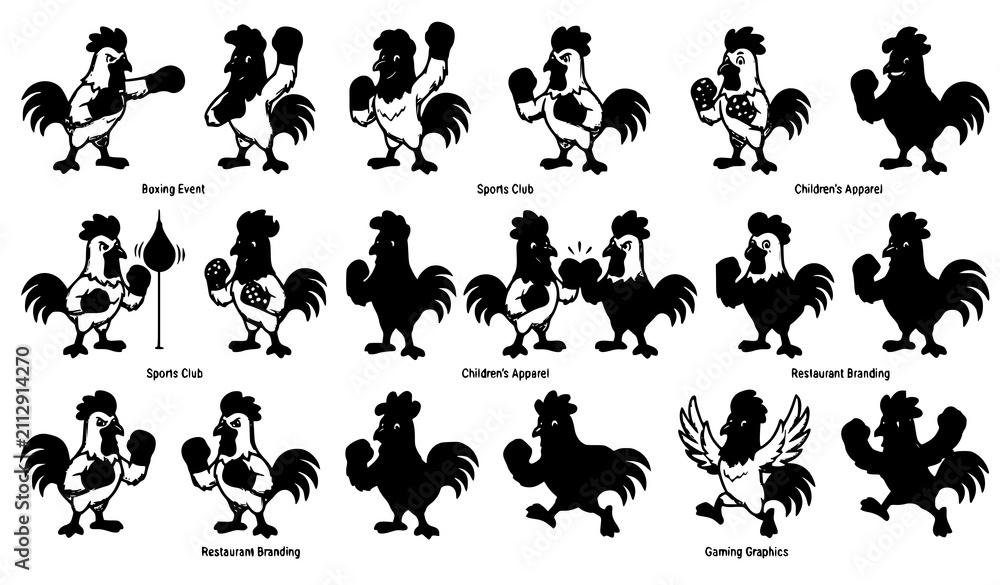 Fototapeta premium Funny Fighting Chicken Boxer Mascot Vector Illustration Bundle with Boxing Gloves for Sports Apparel Stickers and Logo Design