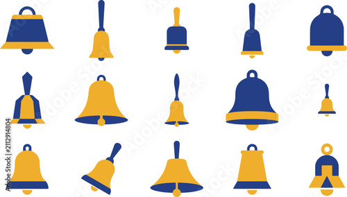 Obraz na płótnie Set of various school bells in blue and yellow colors for teacher's day celebrat