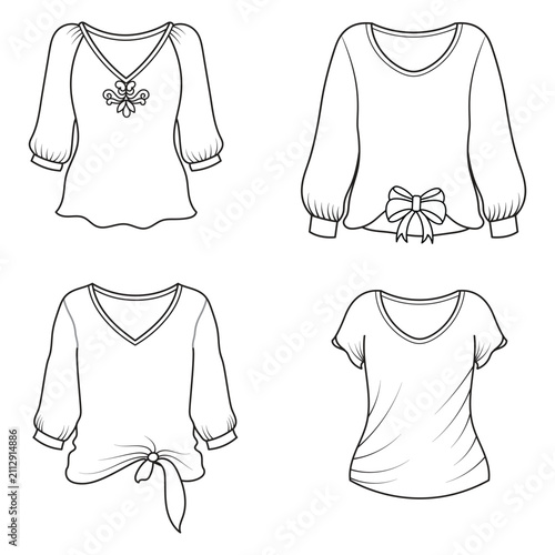 Collection of women's clothing technical sketches showing various styles black and white line art illustration for fashion design. Elegant woman, fashion illustration, line art, puffy sleeve dress, 