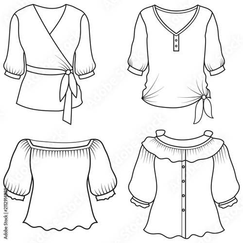 Collection of women's clothing technical sketches showing various styles black and white line art illustration for fashion design. Elegant woman, fashion illustration, line art, puffy sleeve dress, 