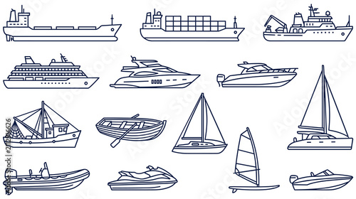 Bild auf Leinwand Various types of boats and ships sailing on water vector collection