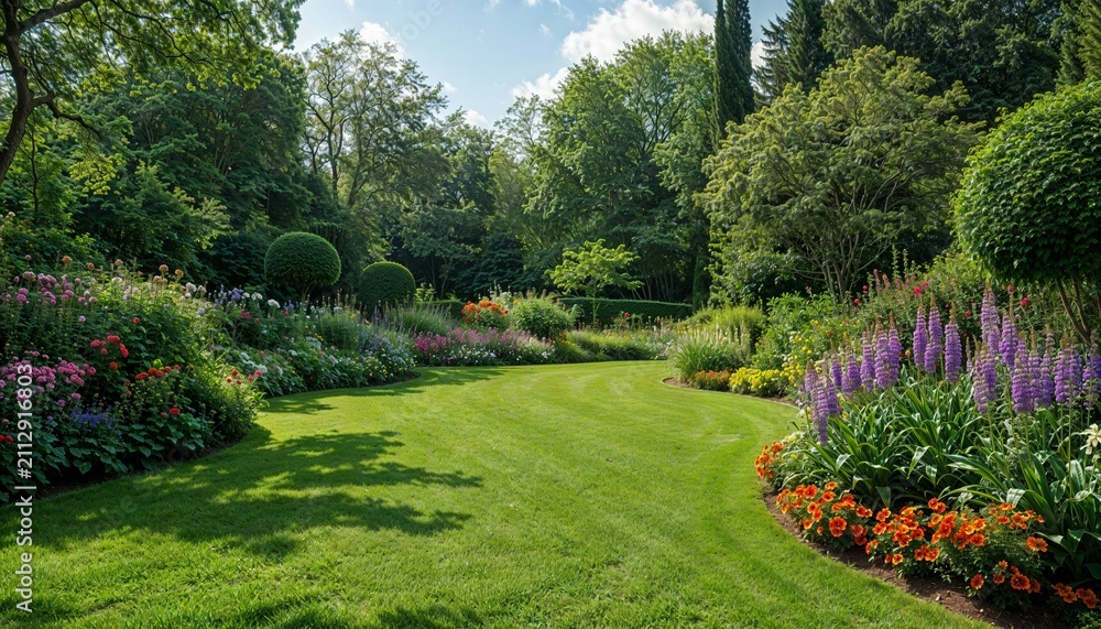 Obraz premium Summer garden with lush green lawn. Scenic landscape with blooming flower beds.