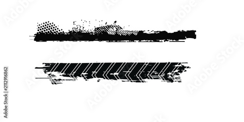 Tire tread marks, wheel textures, tire marks - car racing, motocross, drift, rally, off-road and others. Vector black isolated texture in grunge style with splashes. Black and white monochrome se