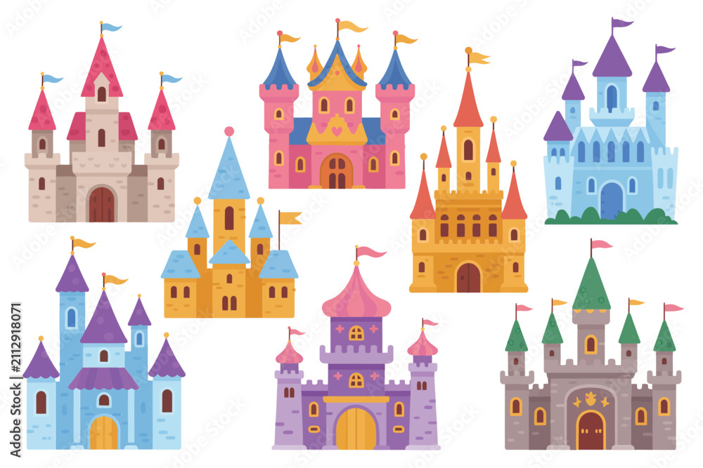 Naklejka premium Set of diverse medieval castles and fantasy fortresses with tall towers and flags in bright flat style for storybook kingdom
