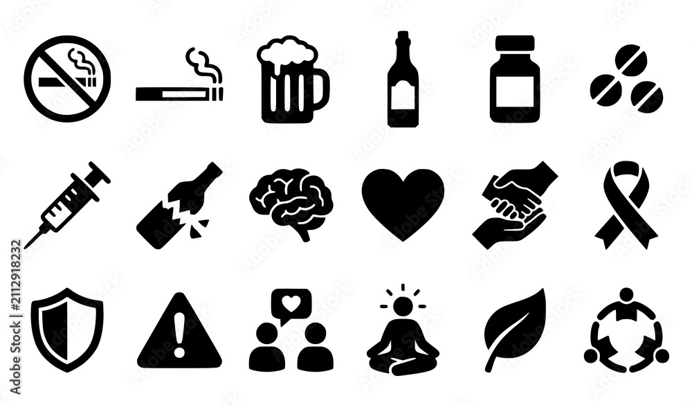 Fototapeta premium Mental Health and Substance Awareness Minimal Black Icon Collection