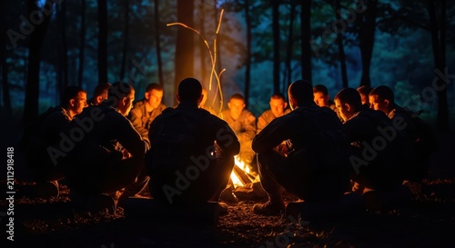 Group of men sitting around campfire at night in forest, enjoying fellowship and storytelling