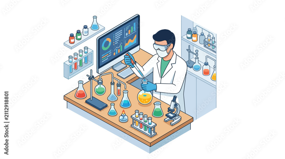 Fototapeta premium Scientist performing chemical experiments and data analysis in laboratory illustration