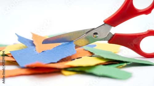 Colorful primary school crafting supplies including safety scissors and scattered bright paper clippings cleanly isolated on a white space for a playful design element.
