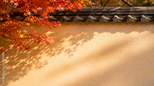紅葉と和塀が彩る秋の和風背景素材