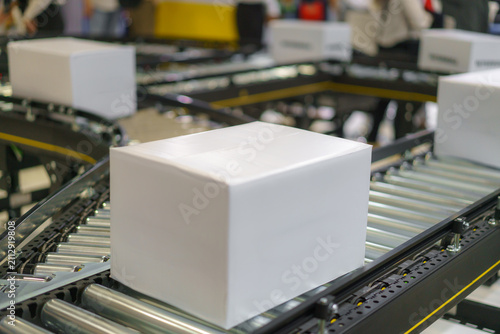 Blank White Box on Conveyor Belt in Warehouse