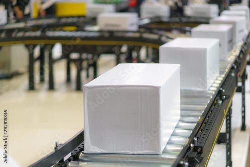 Blank White Box on Conveyor Belt in Warehouse