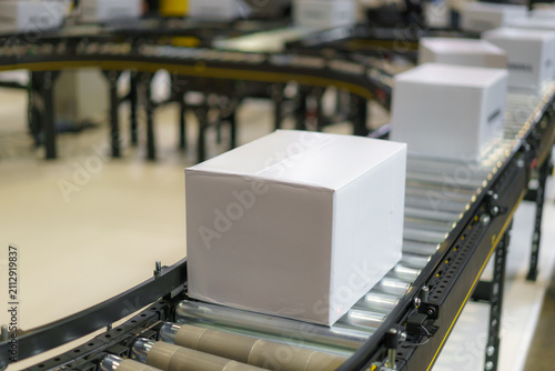 Blank White Box on Conveyor Belt in Warehouse