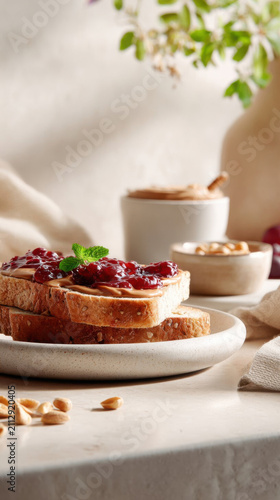Toasted bread with berry jam and mint garnish on plate, surrounded by peanuts and cup, creating cozy breakfast scene