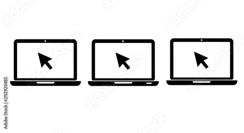 Three laptops with cursors on screens illustrating digital multitasking and browsing concept.