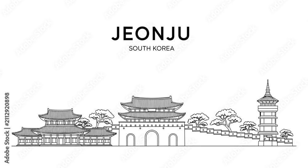 Obraz premium Jeonju skyline, South Korea, traditional Korean architecture, hand-drawn illustration