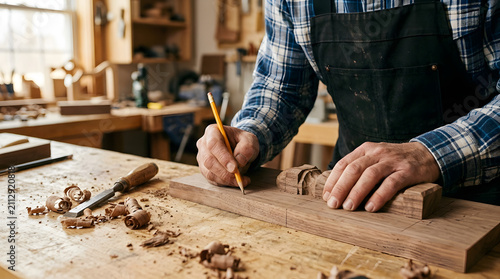 Focused craftsman engaging in precision woodworking with hand tools in a well lit workshop with captures skilled artisan meticulously marking wooden plank pencil