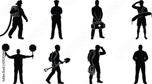 Quadro su tela Set of black silhouettes of emergency services personnel, rescue workers, and co