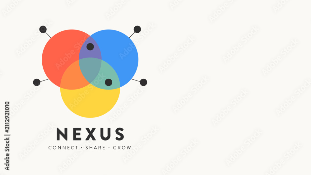 Fototapeta premium Modern graphic design featuring three intersecting colorful spheres with connecting nodes, symbolizing a unified ecosystem of partnership, innovation, and expansion