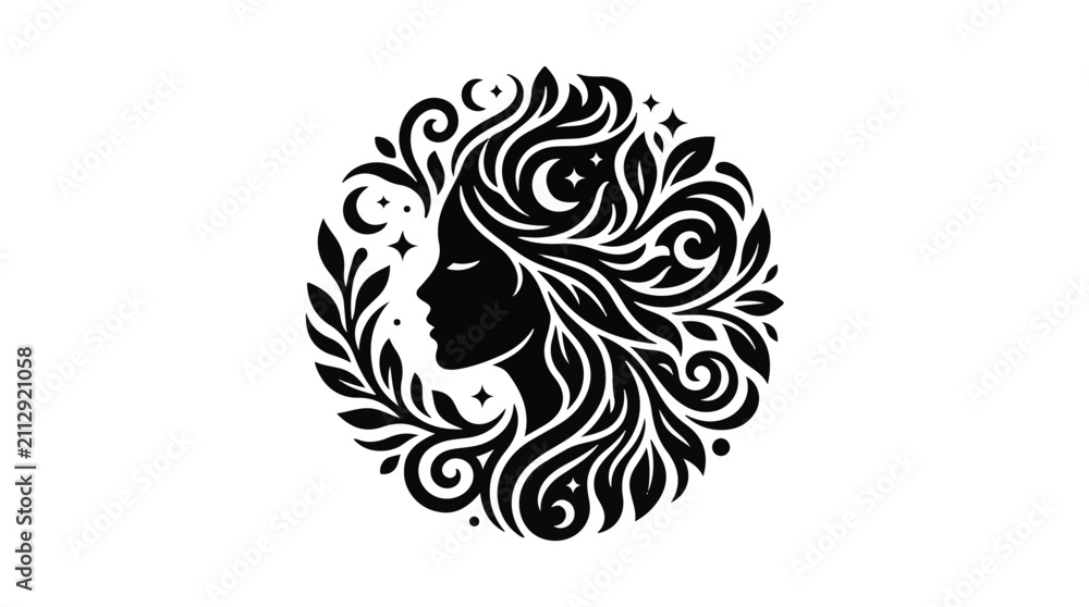 Fototapeta premium Elegant silhouette of a woman's profile adorned with flowing hair and natural elements, symbolizing beauty and nature.