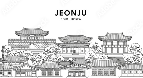 Jeonju South Korea Skyline Landmark Outline - Traditional Architecture